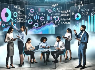 Diverse Geschäftsleute analysieren bunte Diagramme und KPIs auf einem transparenten Screen im futuristischen Büro, diskutieren und notieren Insights rund um einen runden Tisch.