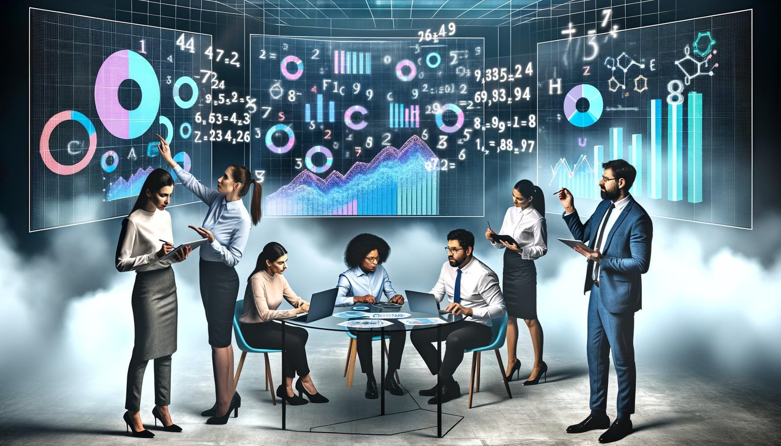 Diverse Geschäftsleute analysieren bunte Diagramme und KPIs auf einem transparenten Screen im futuristischen Büro, diskutieren und notieren Insights rund um einen runden Tisch.