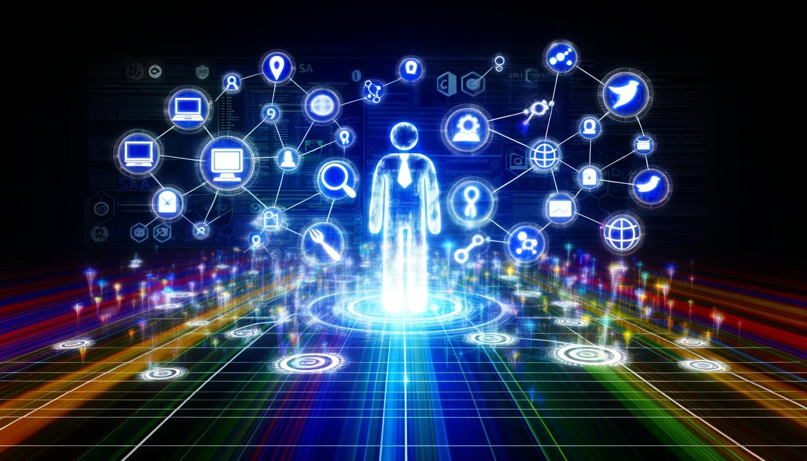 Modernes Titelbild mit stilisierter Person vor vernetztem digitalen Kommunikationsnetzwerk, umgeben von Icons für Suchmaschinen, Social Media und Online-Magazine, dazu technische SEO- und Analyse-Elemente im Hintergrund.