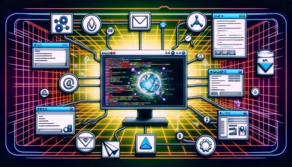 Illustration eines modernen Slack-Workspaces im Maschinenraum-Style mit Monitor, API-Icons, Codezeilen, Tools und Verbindungen zu Backend-Systemen und Bots