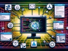 Illustration eines modernen Slack-Workspaces im Maschinenraum-Style mit Monitor, API-Icons, Codezeilen, Tools und Verbindungen zu Backend-Systemen und Bots