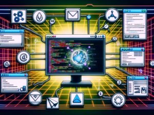 Illustration eines modernen Slack-Workspaces im Maschinenraum-Style mit Monitor, API-Icons, Codezeilen, Tools und Verbindungen zu Backend-Systemen und Bots