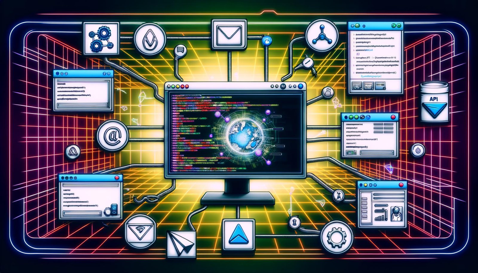 Illustration eines modernen Slack-Workspaces im Maschinenraum-Style mit Monitor, API-Icons, Codezeilen, Tools und Verbindungen zu Backend-Systemen und Bots