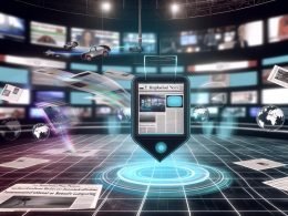 Futuristische Redaktion mit schwebenden Apple-Geräten, auf denen immersive AR-News-Anzeigen und 3D-Datengrafiken zu sehen sind