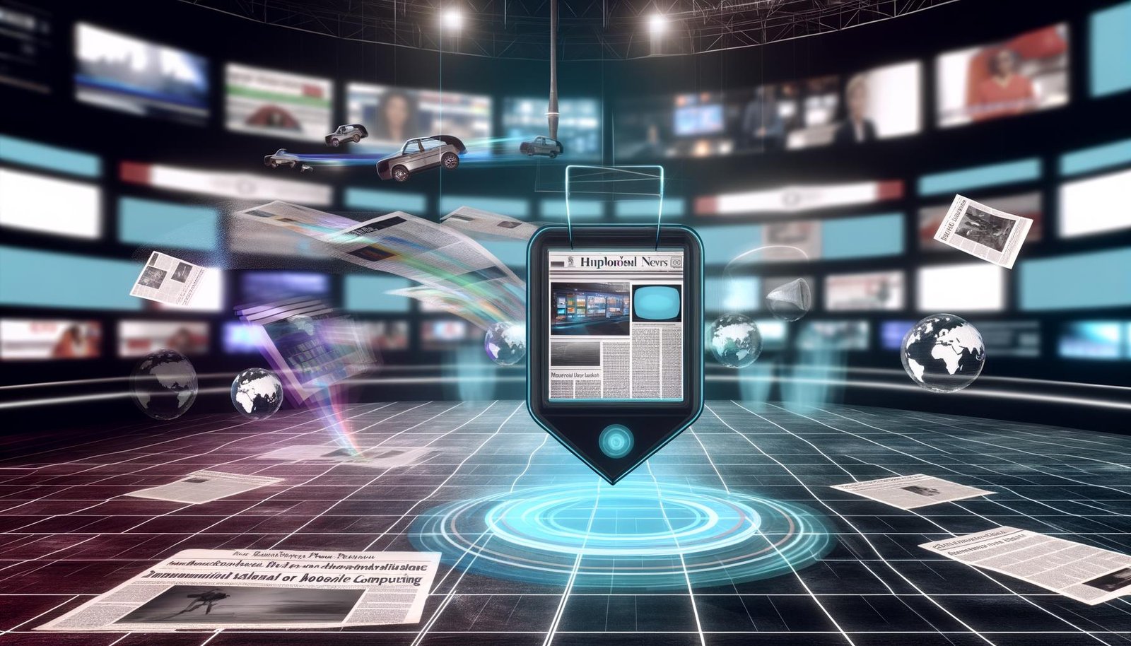 Futuristische Redaktion mit schwebenden Apple-Geräten, auf denen immersive AR-News-Anzeigen und 3D-Datengrafiken zu sehen sind