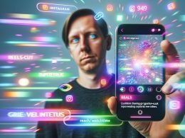 Junger Influencer mit Smartphone vor farbenfrohen Instagram-Elementen und viralem Reel-Screen in urbaner, digitaler Atmosphäre