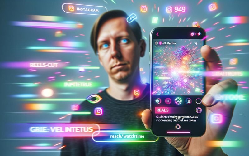 Junger Influencer mit Smartphone vor farbenfrohen Instagram-Elementen und viralem Reel-Screen in urbaner, digitaler Atmosphäre