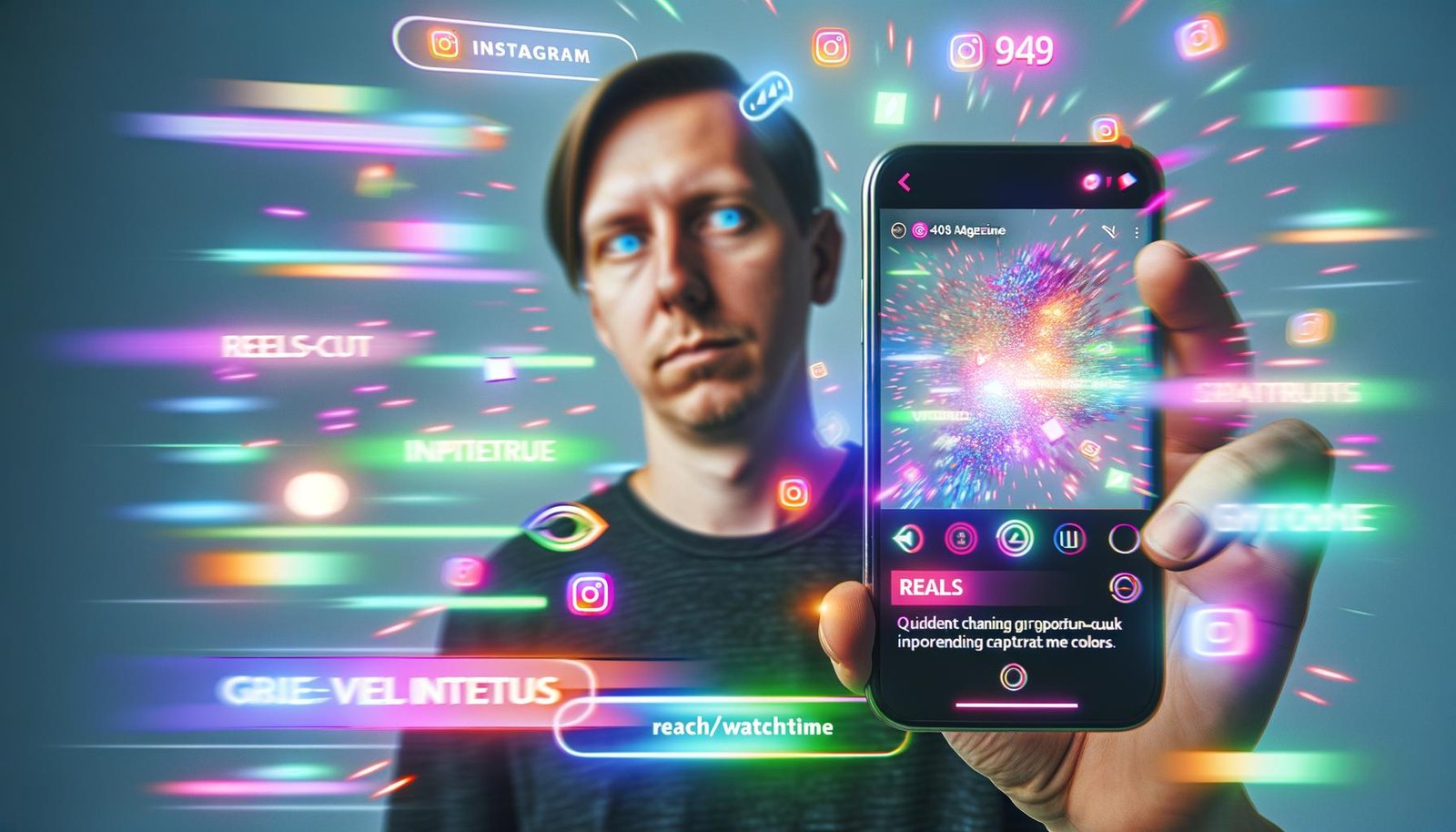 Junger Influencer mit Smartphone vor farbenfrohen Instagram-Elementen und viralem Reel-Screen in urbaner, digitaler Atmosphäre