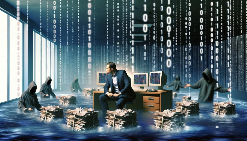 Ein Büro voller Papierchaos, verhedderter Datenkabel, sinkender Laptops und einem gestressten Analysten, umgeben von datenbezogenen Bedrohungen in Form von Gestalten mit Hoodies.