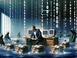 Ein Büro voller Papierchaos, verhedderter Datenkabel, sinkender Laptops und einem gestressten Analysten, umgeben von datenbezogenen Bedrohungen in Form von Gestalten mit Hoodies.