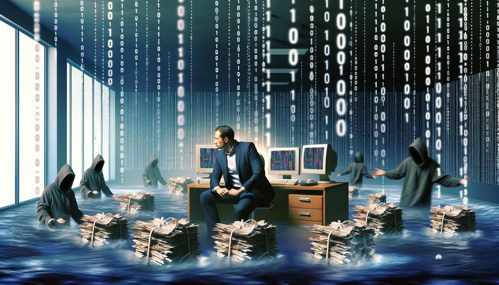 Ein Büro voller Papierchaos, verhedderter Datenkabel, sinkender Laptops und einem gestressten Analysten, umgeben von datenbezogenen Bedrohungen in Form von Gestalten mit Hoodies.