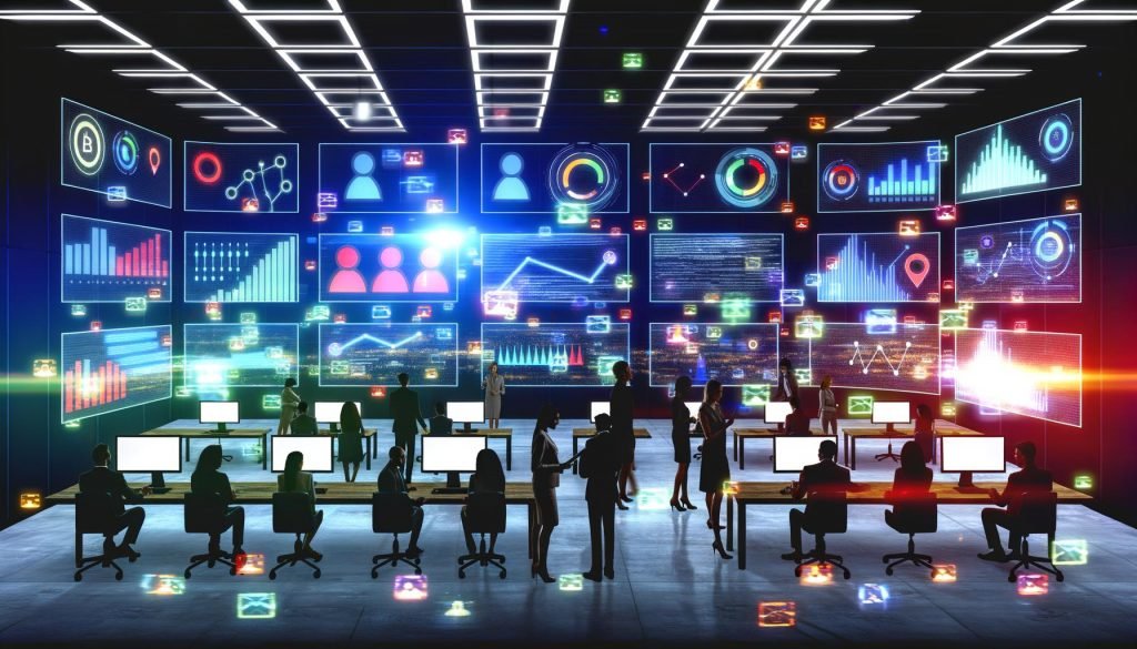 Digitale Illustration eines modernen Büros mit Team analysiert PR-Daten, KPIs, Dashboards und AI-Bots bei Nacht.