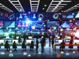 Digitale Illustration eines modernen Büros mit Team analysiert PR-Daten, KPIs, Dashboards und AI-Bots bei Nacht.