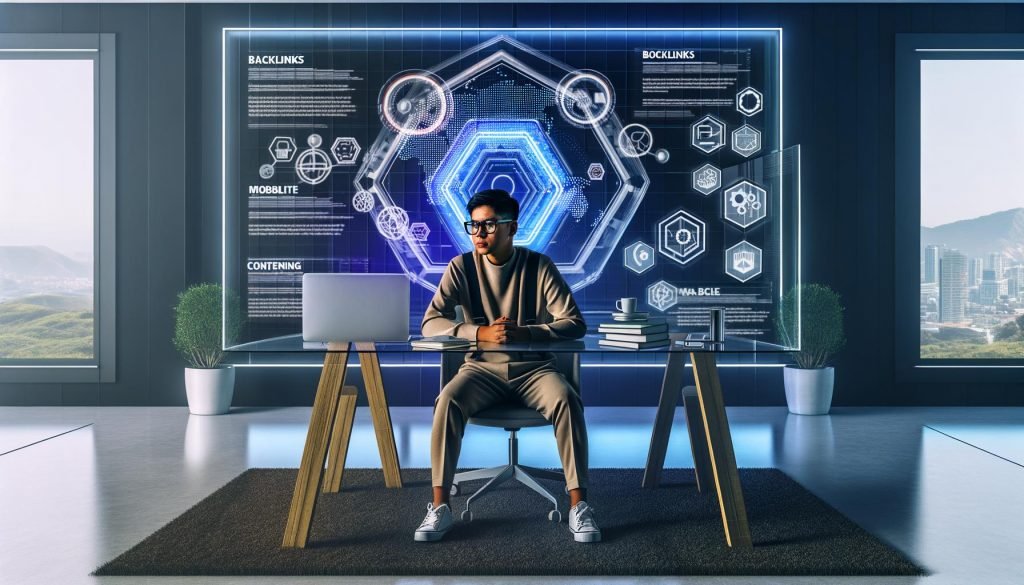 Blogger im futuristischen Home-Office mit Keyword-Recherche, SEO-Analytics und Blogartikel auf großem Bildschirm, digitale Icons zu SEO-Themen im Hintergrund