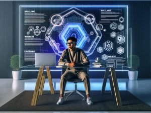 Blogger im futuristischen Home-Office mit Keyword-Recherche, SEO-Analytics und Blogartikel auf großem Bildschirm, digitale Icons zu SEO-Themen im Hintergrund