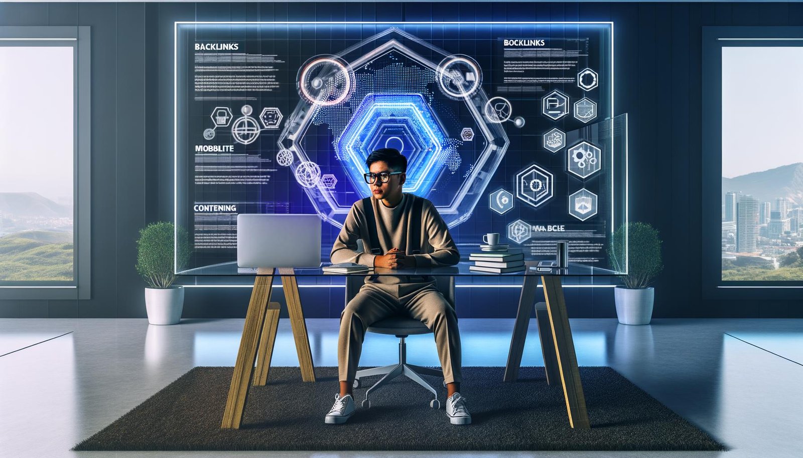 Blogger im futuristischen Home-Office mit Keyword-Recherche, SEO-Analytics und Blogartikel auf großem Bildschirm, digitale Icons zu SEO-Themen im Hintergrund