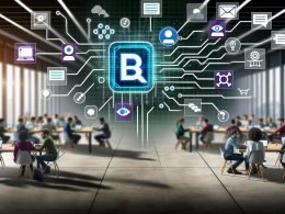 Futuristisch gestaltetes Büro, in dem Menschen an Laptops arbeiten, mit großem Slack-Bildschirm, animierten Automatisierungen und API-Anbindungen zu Tools wie Jira, GitHub und Salesforce. Daneben eine alte Excel-Tabelle.