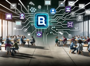 Futuristisch gestaltetes Büro, in dem Menschen an Laptops arbeiten, mit großem Slack-Bildschirm, animierten Automatisierungen und API-Anbindungen zu Tools wie Jira, GitHub und Salesforce. Daneben eine alte Excel-Tabelle.