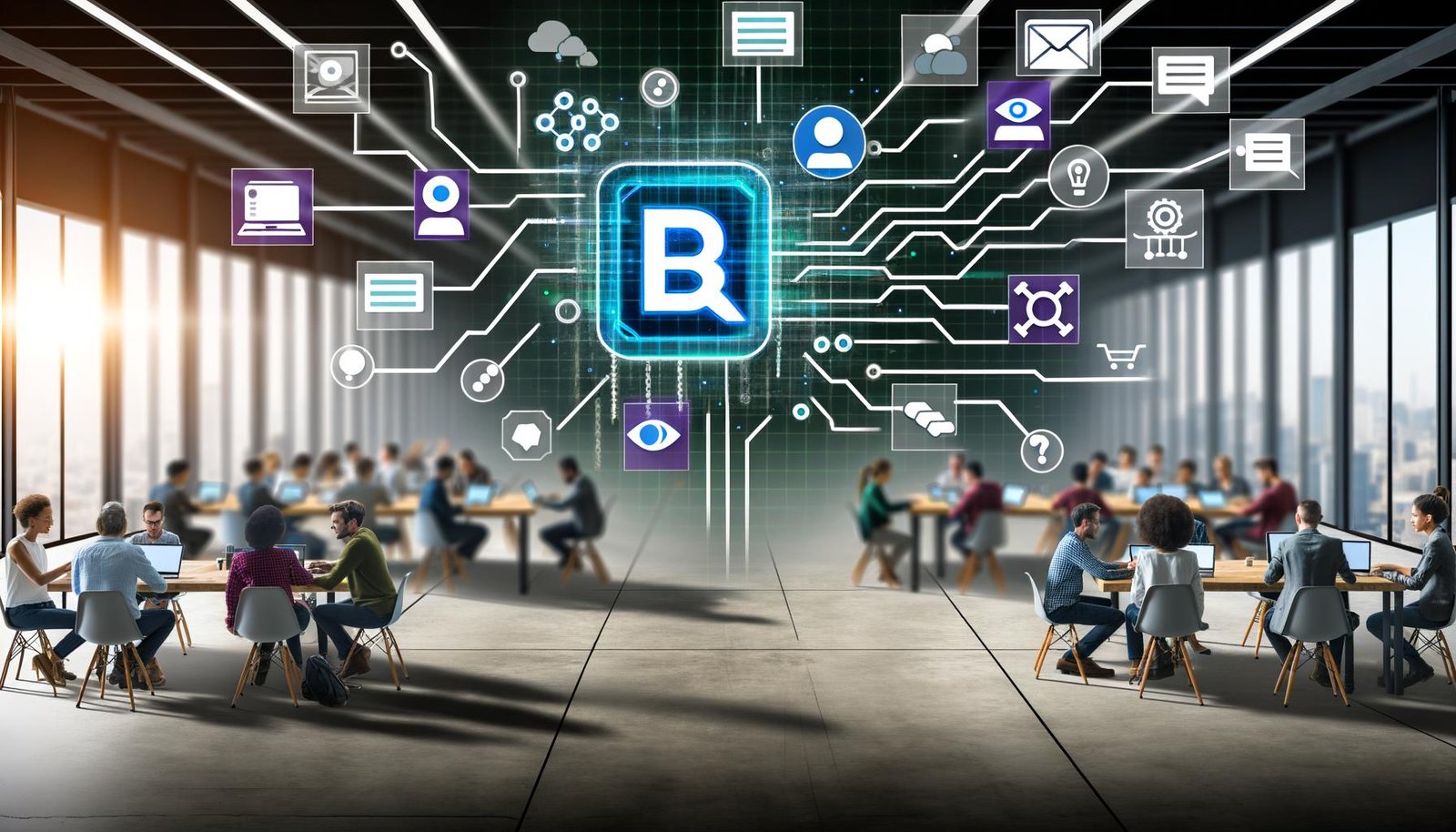 Futuristisch gestaltetes Büro, in dem Menschen an Laptops arbeiten, mit großem Slack-Bildschirm, animierten Automatisierungen und API-Anbindungen zu Tools wie Jira, GitHub und Salesforce. Daneben eine alte Excel-Tabelle.