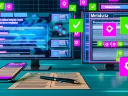 Moderner Schreibtisch mit Monitoren voller Dashboards und Code im Apple News Format, abgehakter Checkliste, Technik-Post-Its, Smartphone mit Apple News-App und Ads, im Hintergrund leuchtende KI-Chip-Grafiken.