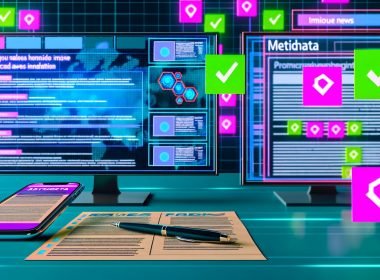 Moderner Schreibtisch mit Monitoren voller Dashboards und Code im Apple News Format, abgehakter Checkliste, Technik-Post-Its, Smartphone mit Apple News-App und Ads, im Hintergrund leuchtende KI-Chip-Grafiken.