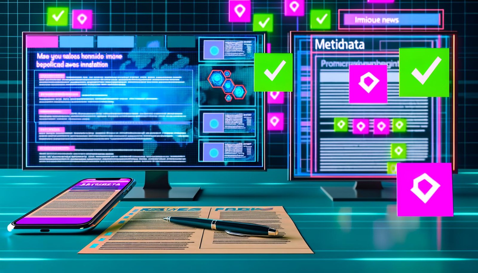Moderner Schreibtisch mit Monitoren voller Dashboards und Code im Apple News Format, abgehakter Checkliste, Technik-Post-Its, Smartphone mit Apple News-App und Ads, im Hintergrund leuchtende KI-Chip-Grafiken.