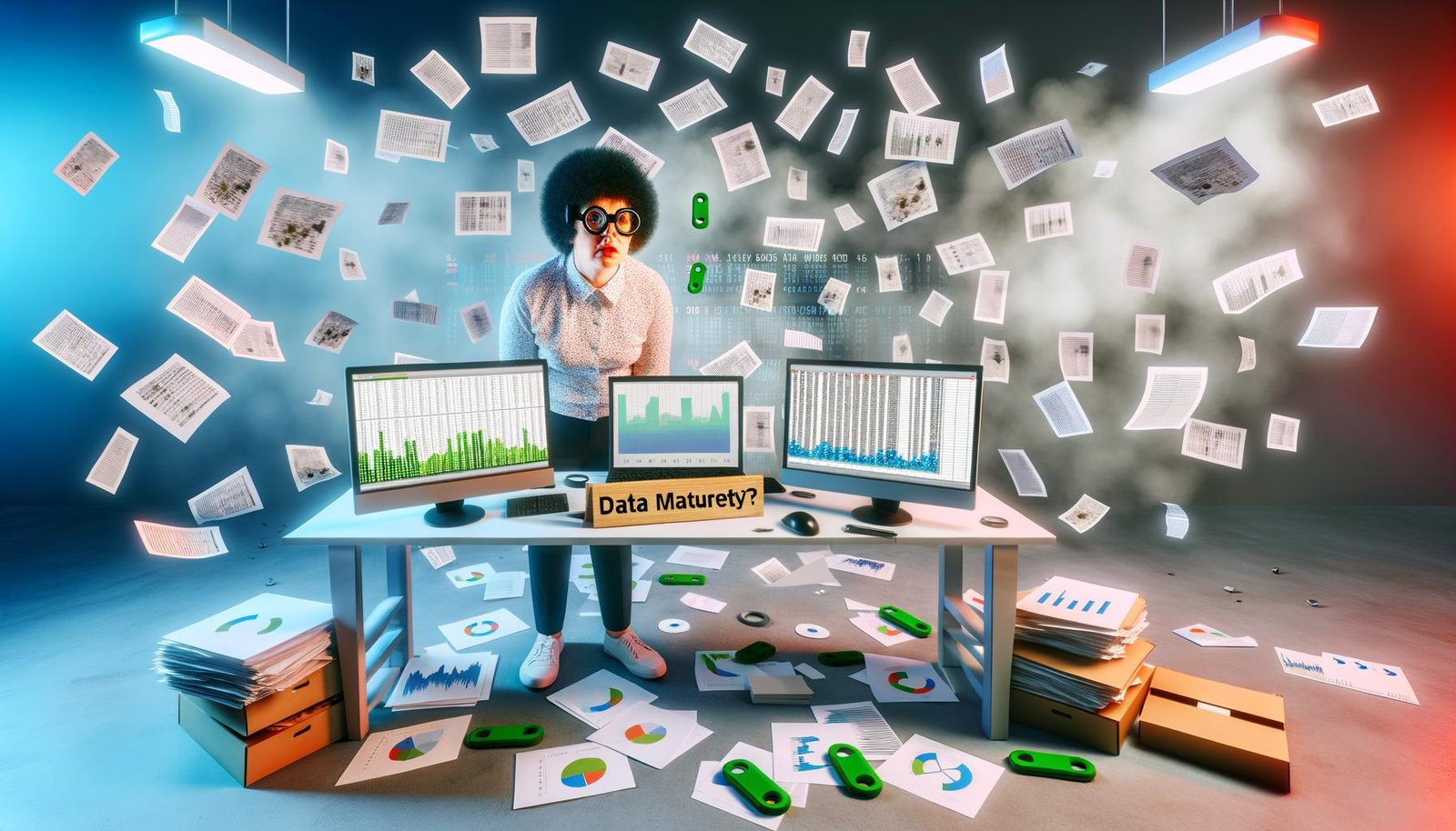 Überforderter Mitarbeiter am Schreibtisch mit chaotischen Papierstapeln, mehreren Monitoren mit Excel-Tabellen, unbeschrifteten USB-Sticks und Datenvisualisierungen; Schild mit 'Data Maturity?' sichtbar.