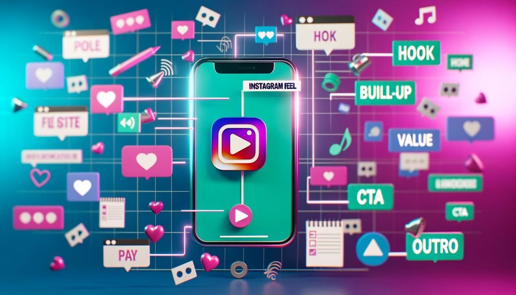 Dynamisches Titelbild mit Smartphone und Instagram Reel-Storyboard, visualisierten Abschnitten und schwebenden Social-Media-Symbolen auf buntem Hintergrund.
