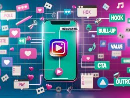 Dynamisches Titelbild mit Smartphone und Instagram Reel-Storyboard, visualisierten Abschnitten und schwebenden Social-Media-Symbolen auf buntem Hintergrund.