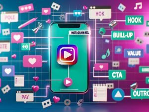Dynamisches Titelbild mit Smartphone und Instagram Reel-Storyboard, visualisierten Abschnitten und schwebenden Social-Media-Symbolen auf buntem Hintergrund.