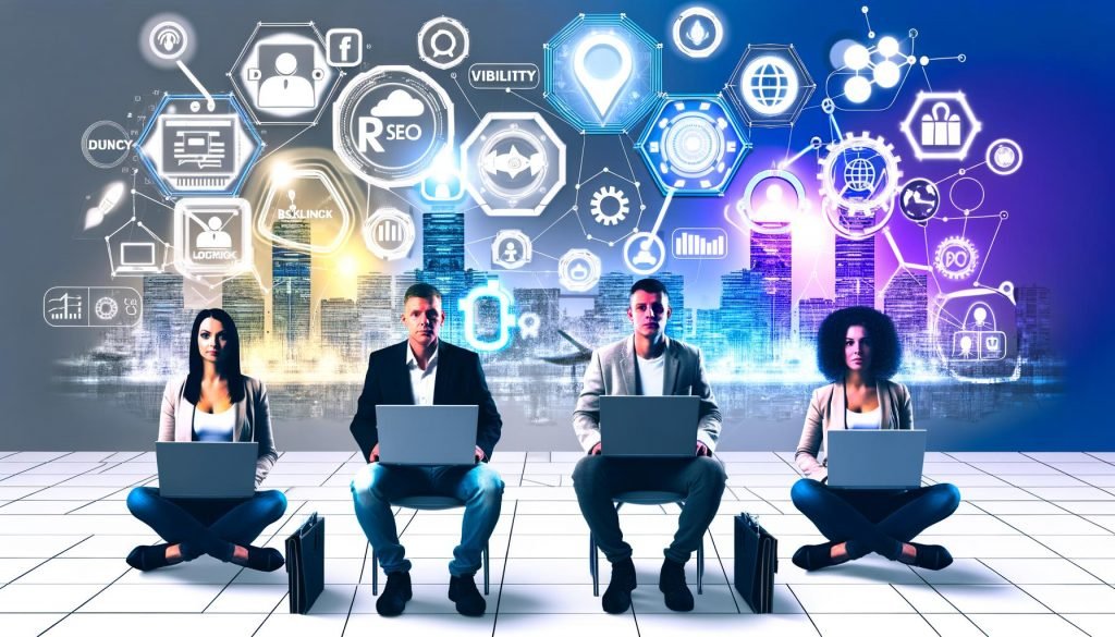 Modernes Büro mit Teammitgliedern an Laptops und einem Slack-Dashboard, das digitale Workflows, Bots und API-Schnittstellen zeigt.