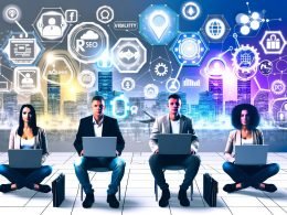 Modernes Büro mit Teammitgliedern an Laptops und einem Slack-Dashboard, das digitale Workflows, Bots und API-Schnittstellen zeigt.