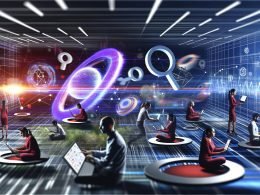 Fokussierte Marketing-Strategen arbeiten an Laptops und Tablets auf einem modernen digitalen Spielplatz mit Analytics-Dashboards, Datenströmen, Suchmaschinen-Logos und abstrakten Algorithmen im Hintergrund.