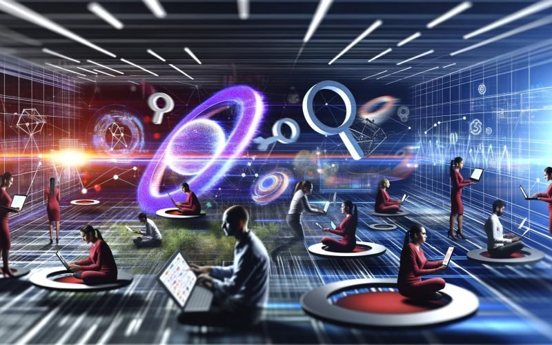 Fokussierte Marketing-Strategen arbeiten an Laptops und Tablets auf einem modernen digitalen Spielplatz mit Analytics-Dashboards, Datenströmen, Suchmaschinen-Logos und abstrakten Algorithmen im Hintergrund.