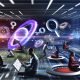 Fokussierte Marketing-Strategen arbeiten an Laptops und Tablets auf einem modernen digitalen Spielplatz mit Analytics-Dashboards, Datenströmen, Suchmaschinen-Logos und abstrakten Algorithmen im Hintergrund.