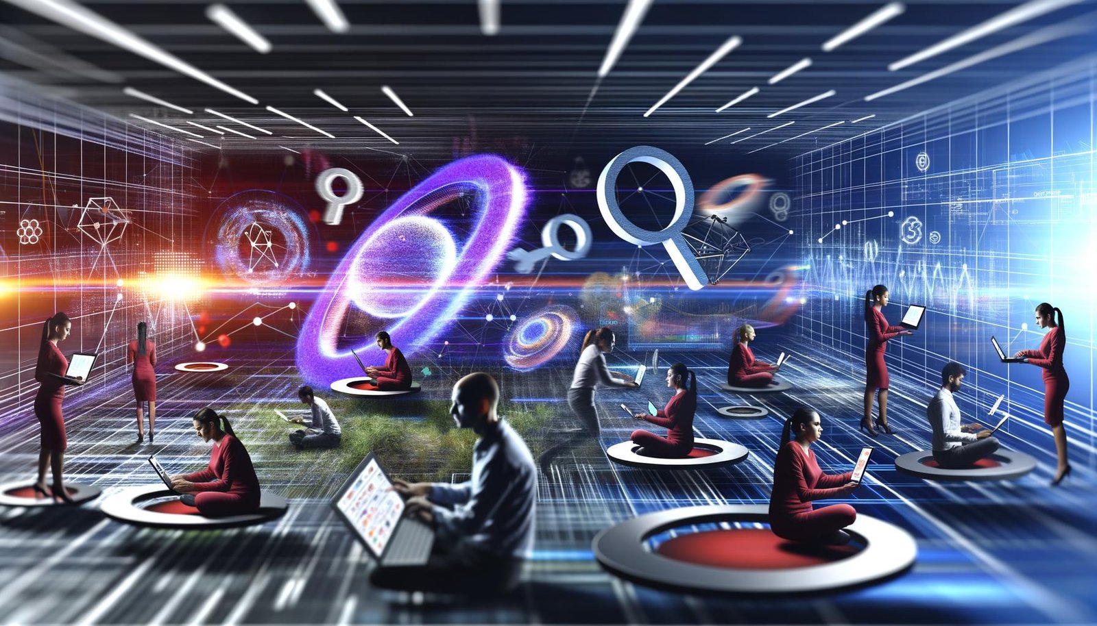 Fokussierte Marketing-Strategen arbeiten an Laptops und Tablets auf einem modernen digitalen Spielplatz mit Analytics-Dashboards, Datenströmen, Suchmaschinen-Logos und abstrakten Algorithmen im Hintergrund.