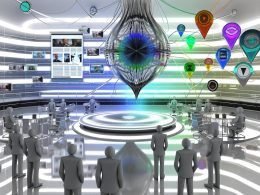 Futuristischer, weiß-silberner Newsroom mit schwebendem Apple-Logo, holografischen Anzeigen, Datenströmen und KI-Kern. Publisher und Advertiser stehen vorn, klassische SEO-Symbole verschwinden.