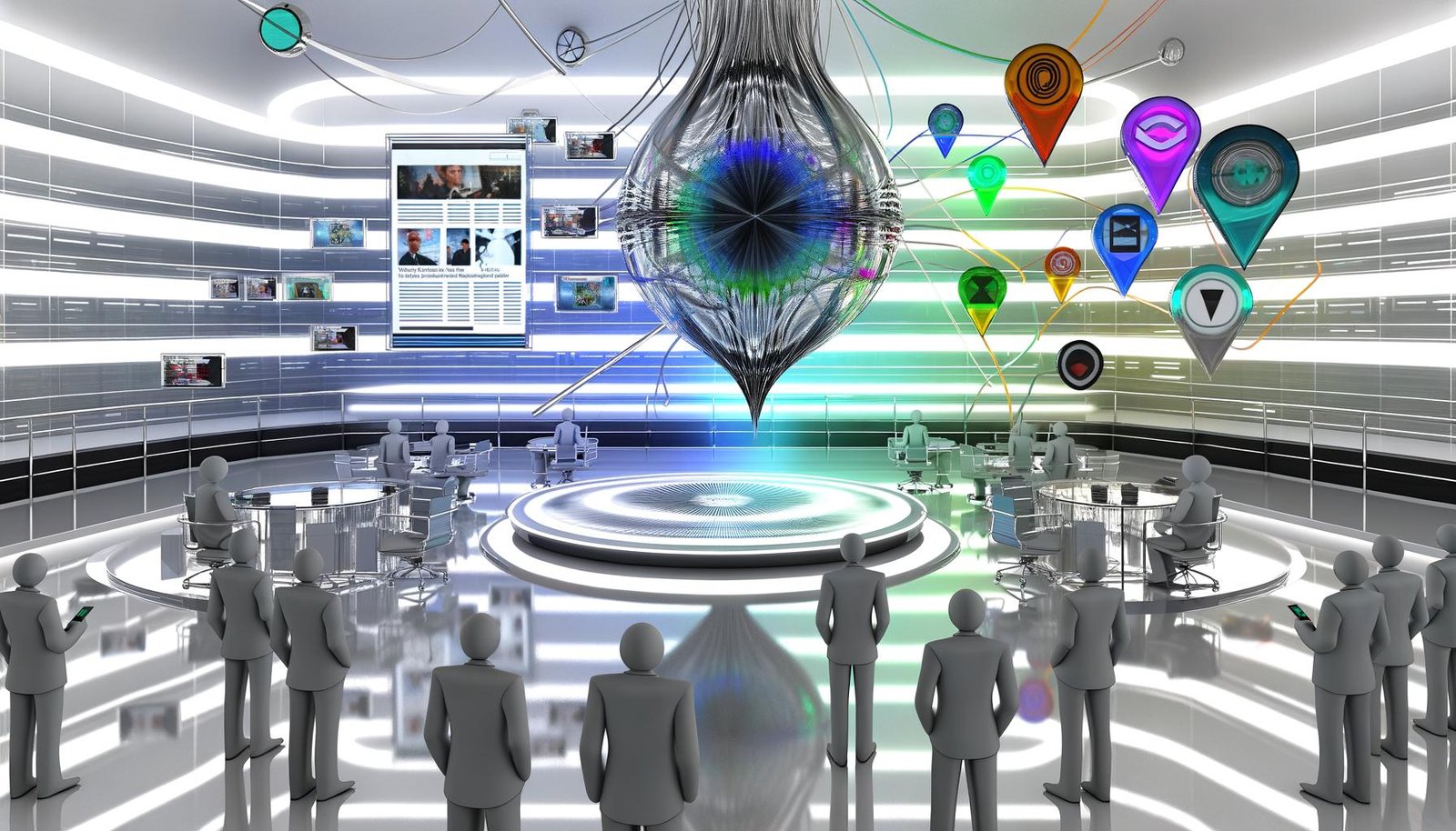 Futuristischer, weiß-silberner Newsroom mit schwebendem Apple-Logo, holografischen Anzeigen, Datenströmen und KI-Kern. Publisher und Advertiser stehen vorn, klassische SEO-Symbole verschwinden.