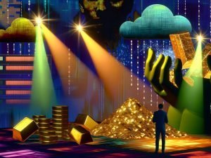 Surrealistisches Datenfeld mit abstrakten Datenströmen, goldenen Datenbarren, riesigen Händen, Cloud-Servern und einer ratlosen Person vor einer binären Schatzkarte im futuristischen Stil.