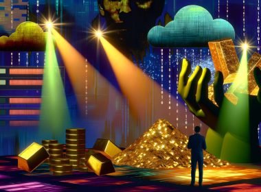 Surrealistisches Datenfeld mit abstrakten Datenströmen, goldenen Datenbarren, riesigen Händen, Cloud-Servern und einer ratlosen Person vor einer binären Schatzkarte im futuristischen Stil.