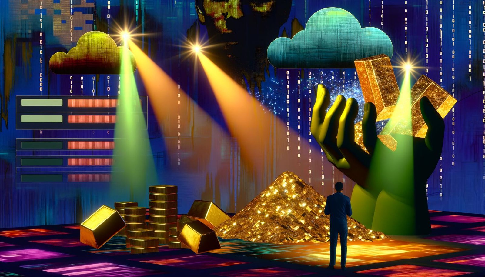 Surrealistisches Datenfeld mit abstrakten Datenströmen, goldenen Datenbarren, riesigen Händen, Cloud-Servern und einer ratlosen Person vor einer binären Schatzkarte im futuristischen Stil.