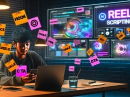 Junger Social-Media-Manager im modernen Büro vor Laptop, Smartphone und buntem Reel-Script, Post-its mit Instagram Begriffen und Statistiken auf großen Monitoren im Hintergrund.