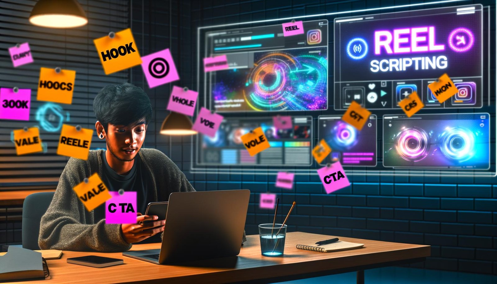 Junger Social-Media-Manager im modernen Büro vor Laptop, Smartphone und buntem Reel-Script, Post-its mit Instagram Begriffen und Statistiken auf großen Monitoren im Hintergrund.