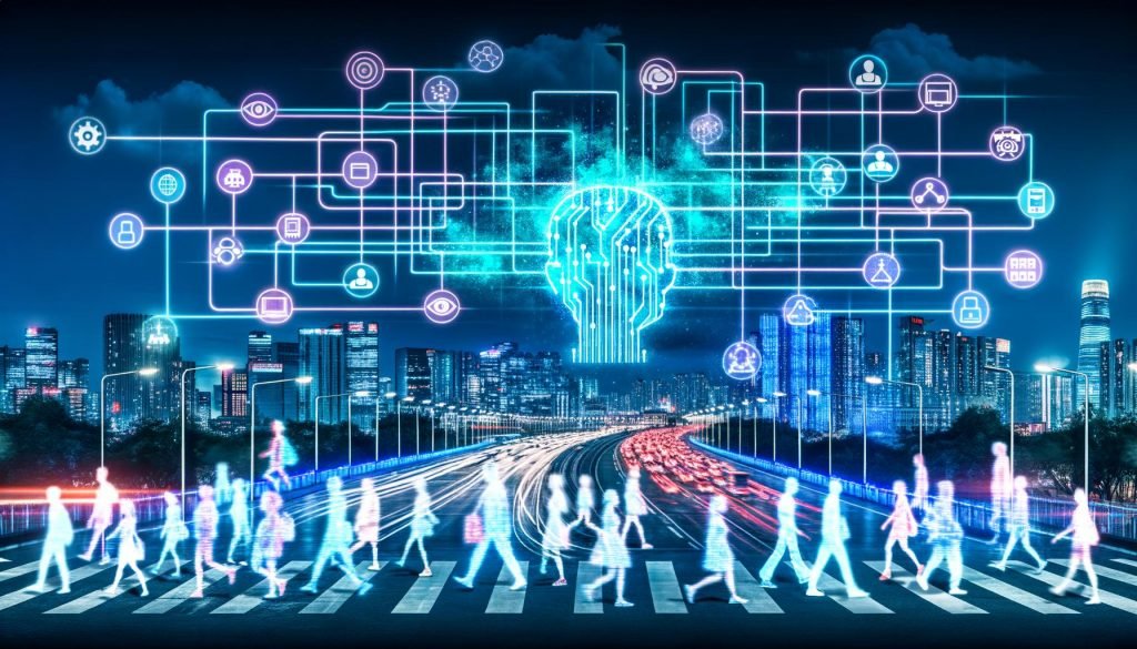Collage aus Illustrationen: futuristische Stadt mit Datenströmen, Social-Scoring in China, westlicher Alltag mit Score-Apps, technische Systeme, Risiken digitaler Überwachung und symbolische Entscheidung zwischen Utopie und Dystopie.