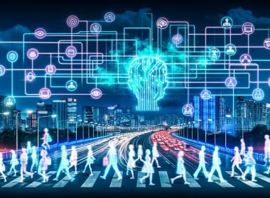 Collage aus Illustrationen: futuristische Stadt mit Datenströmen, Social-Scoring in China, westlicher Alltag mit Score-Apps, technische Systeme, Risiken digitaler Überwachung und symbolische Entscheidung zwischen Utopie und Dystopie.