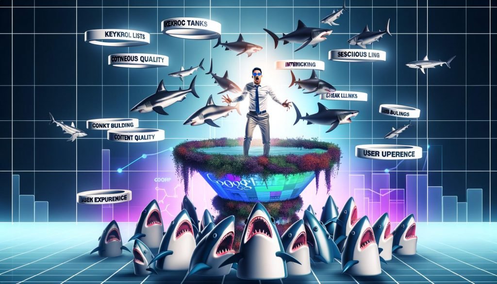 Illustration eines digitalen Haifischbeckens mit Haien, die veraltete SEO-Taktiken verschlingen, und einem SEO-Profi, der sicher auf einer modernen Plattform von technischen Säulen umgeben ist