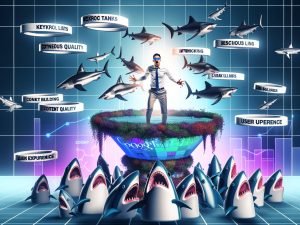 Illustration eines digitalen Haifischbeckens mit Haien, die veraltete SEO-Taktiken verschlingen, und einem SEO-Profi, der sicher auf einer modernen Plattform von technischen Säulen umgeben ist