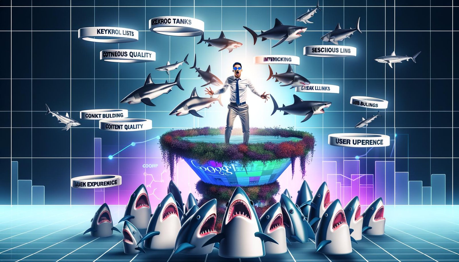 Illustration eines digitalen Haifischbeckens mit Haien, die veraltete SEO-Taktiken verschlingen, und einem SEO-Profi, der sicher auf einer modernen Plattform von technischen Säulen umgeben ist