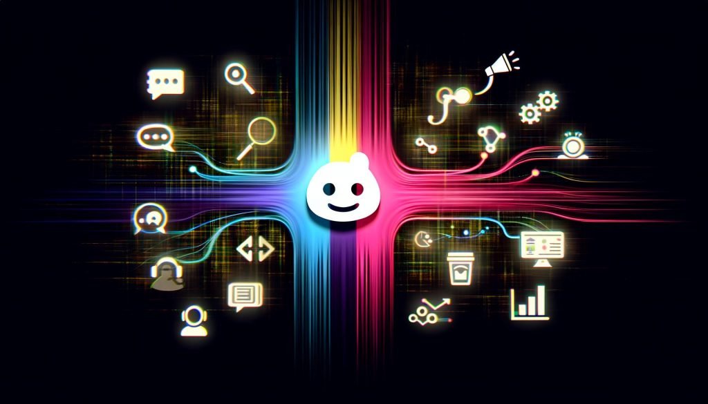Düstere, moderne Illustration mit leuchtendem Slack-Logo im Zentrum, aus dem farbige Datenströme zu abstrahierten Symbolen für Marketing, Vertrieb, Support und digitale Analysen fließen.