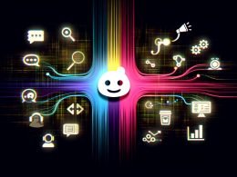 Düstere, moderne Illustration mit leuchtendem Slack-Logo im Zentrum, aus dem farbige Datenströme zu abstrahierten Symbolen für Marketing, Vertrieb, Support und digitale Analysen fließen.